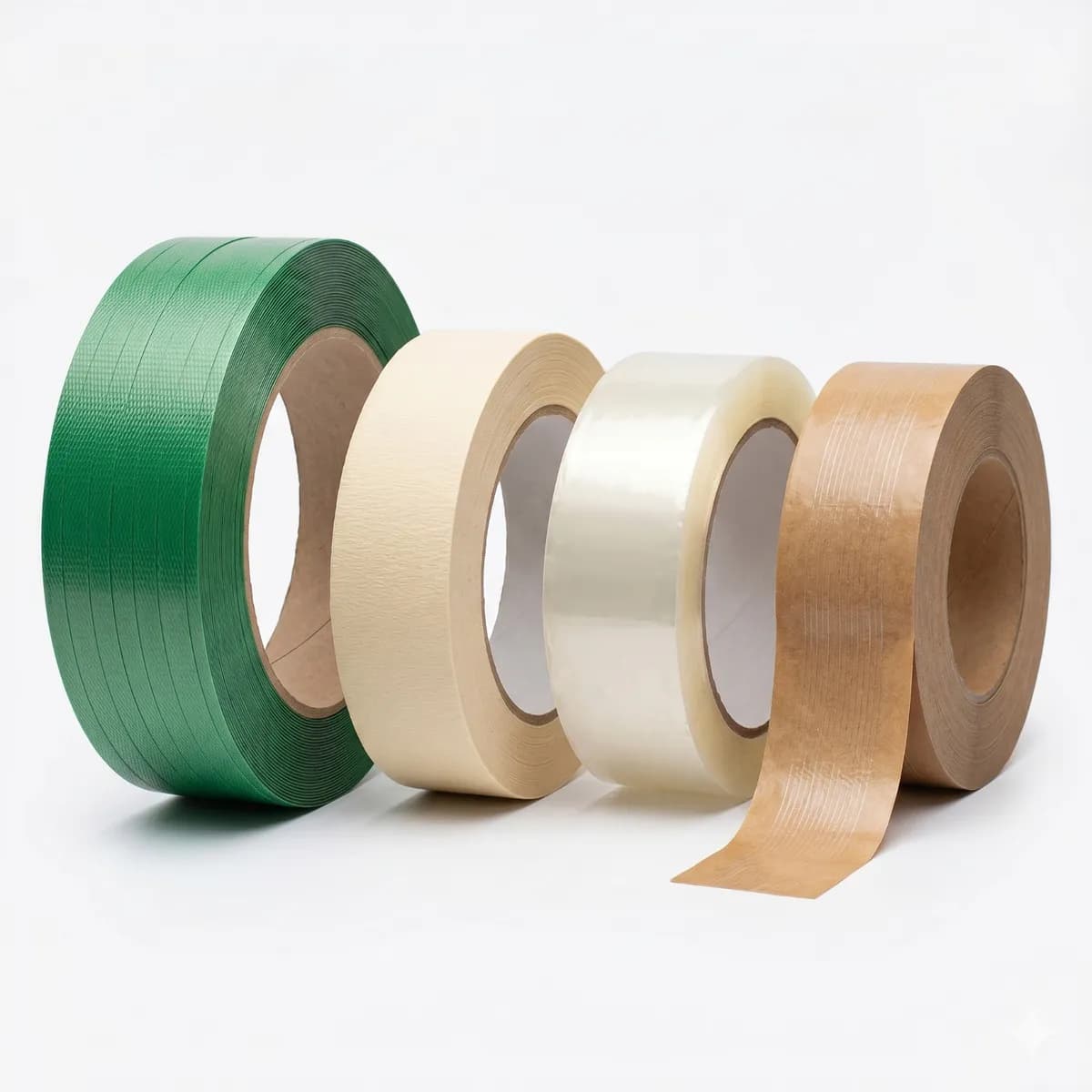 Quatro rolos lado a lado: fita PET verde, crepe, adesiva transparente e gomada kraft