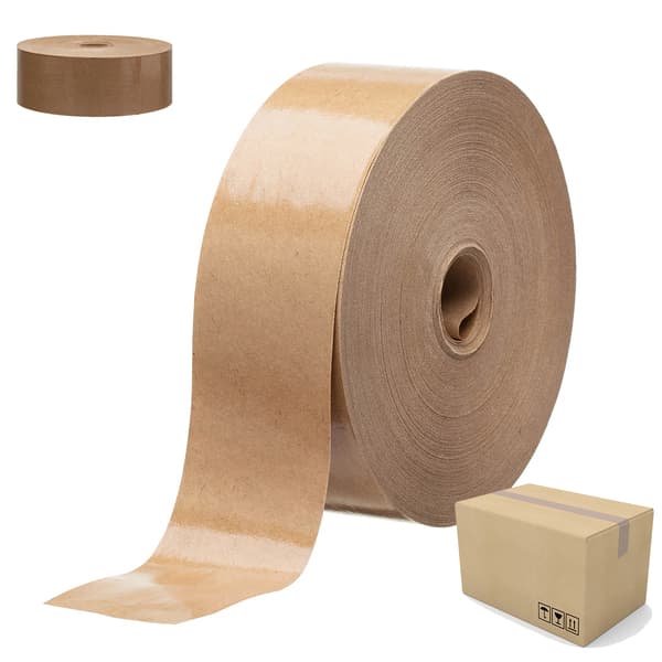 Rolo de fita gomada kraft com fios reforçados ao lado de caixa