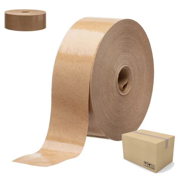Rolo de fita gomada kraft com fios reforçados ao lado de caixa